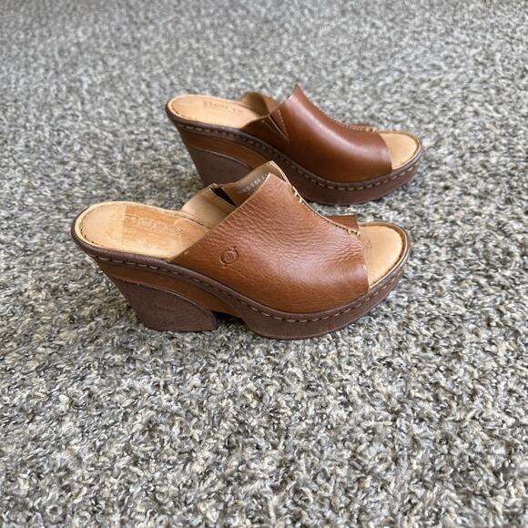 Born Size 7 Brown Leather Platform Heel Sandals Shoes Slide Slip On New - Picture 4 of 10